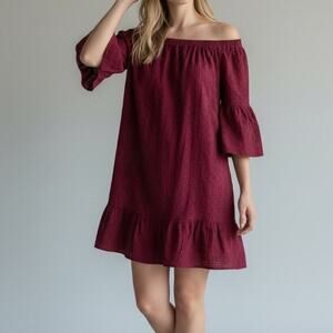 Likely Wine Red Eyelet Off Shoulder Bell Sleeve Lined Top Size 6